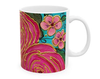 Tropical Gold Roses with Pink Plumeria 11oz mug, Gift for woman, Gift for mom, Floral Mug, Painted cup, Roses cup, Artistis mug, Tea lover