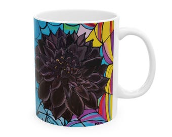 Black Dahlias On Wednesday Ceramic Mug with Spiderweb Stained Glass, Gothic Coffee Cup, Floral Tea Mug, Spooky Mom Gift, Funny Horror Gift