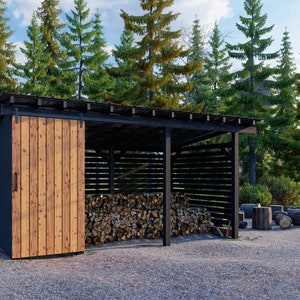 8x16 Firewood Shed Plans PDF - firewood storage shed with sliding door, tool & lumber storage.