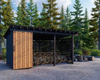 8x16 Firewood Shed Plans PDF - firewood storage shed with sliding door, tool & lumber storage.