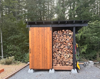 4x8 Firewood Shed Plans PDF - firewood storage shed with sliding door, tool & lumber storage.