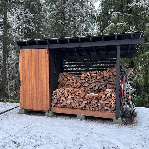 4x12 Firewood Shed Plans PDF - firewood storage shed with sliding door, tool & lumber storage.