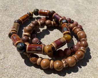 Wood & Tiger’s Eye Bracelet Set, Earthy Boho Jewelry | The Instant Coffee