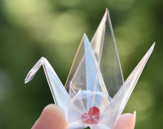 Transparent Orizuru Crane with Paper Heart Love Cute Origami Wedding Cake Topper Valentines Birthday Unique Japanese Party Decor Reception