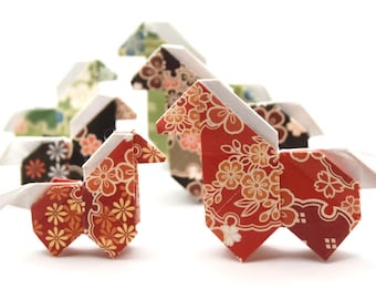 Set of 2 Origami Horses Large and Small Pair Made With Japanese Washi Paper Christmas Gift Year of the Horse