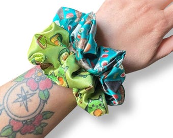 Cat Scrunchies: Satin Hair Accessories, Avocato & Sushi Prints (Set of 2)