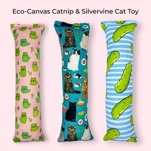 May include: Eco-Canvas Catnip & Silvervine Cat Toy. Three rectangular cat toys. One pink toy with green cat illustrations. A blue toy with cat and sushi illustrations. A blue and white striped toy with pickle illustrations.