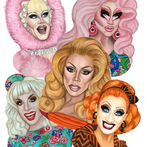 5 Drag Magnets, Drag Queen Inspired Magnets, Five Magnets featuring original paintings of Drag Queens, Gift, Stocking Stuffer.