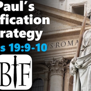 May include: A black and white image of a sword with the letters "BIF" on either side. The text "Paul's Edification Strategy Acts 19:9-10" is in blue text on a black background. The image is overlaid on a photo of a statue of a man holding a sword.
