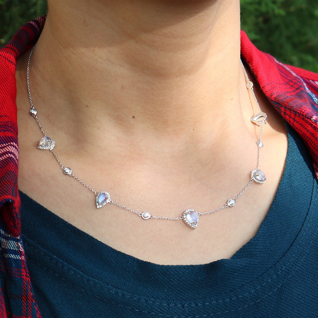 14k White Gold Moonstone Station Necklace With Diamond Pave Etsy