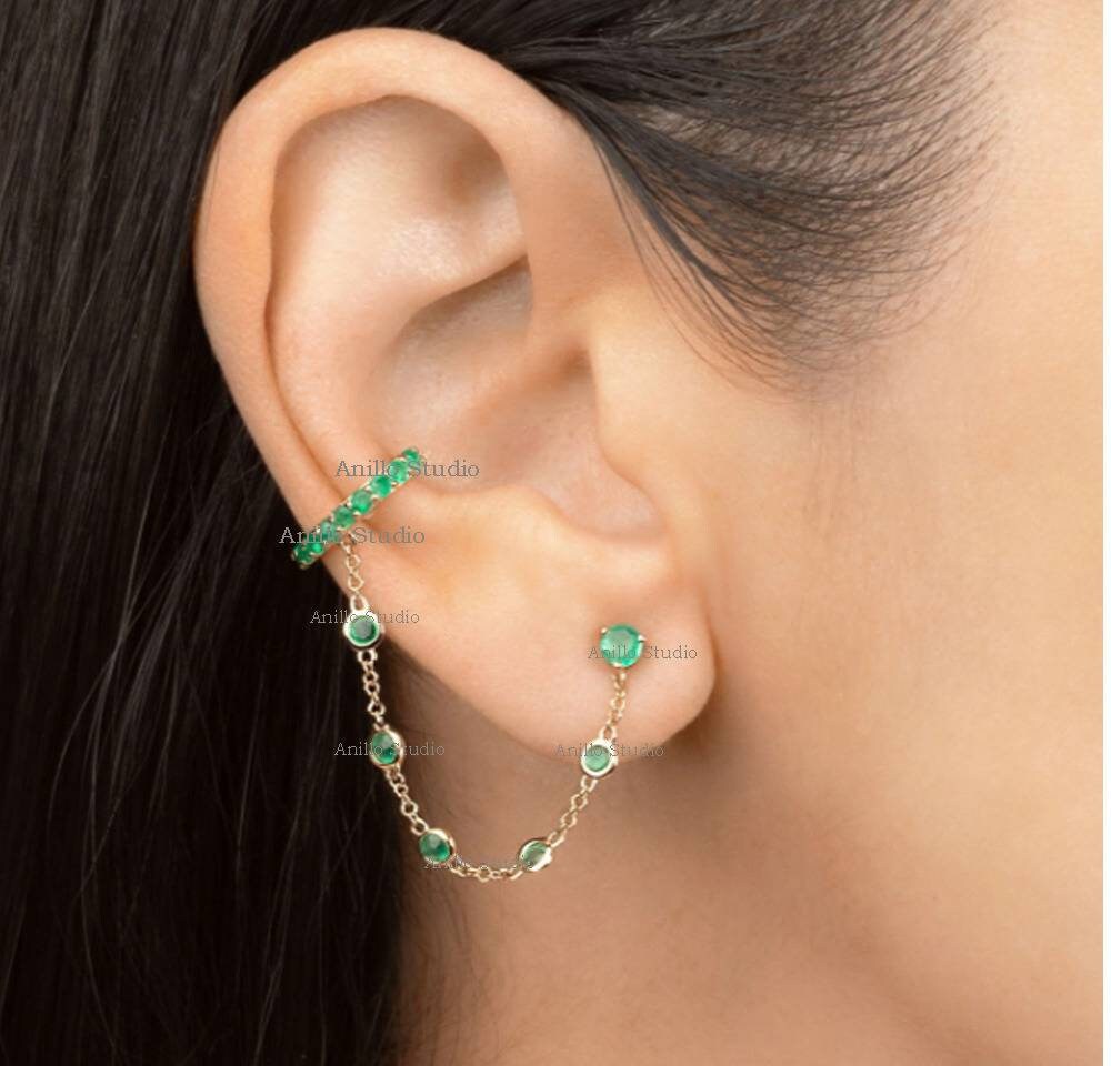 14k Solid Yellow Gold Genuine Emerald Ear Cuff Earrings Chain Etsy UK