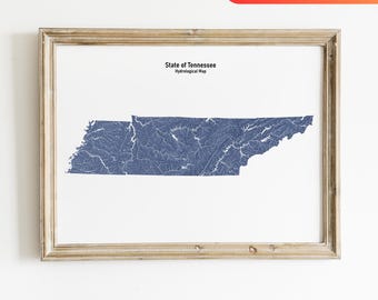 Tennessee Hydrology Map of Tennessee Rivers and Lakes Wall Art for Tennessee Nature Lover Gift