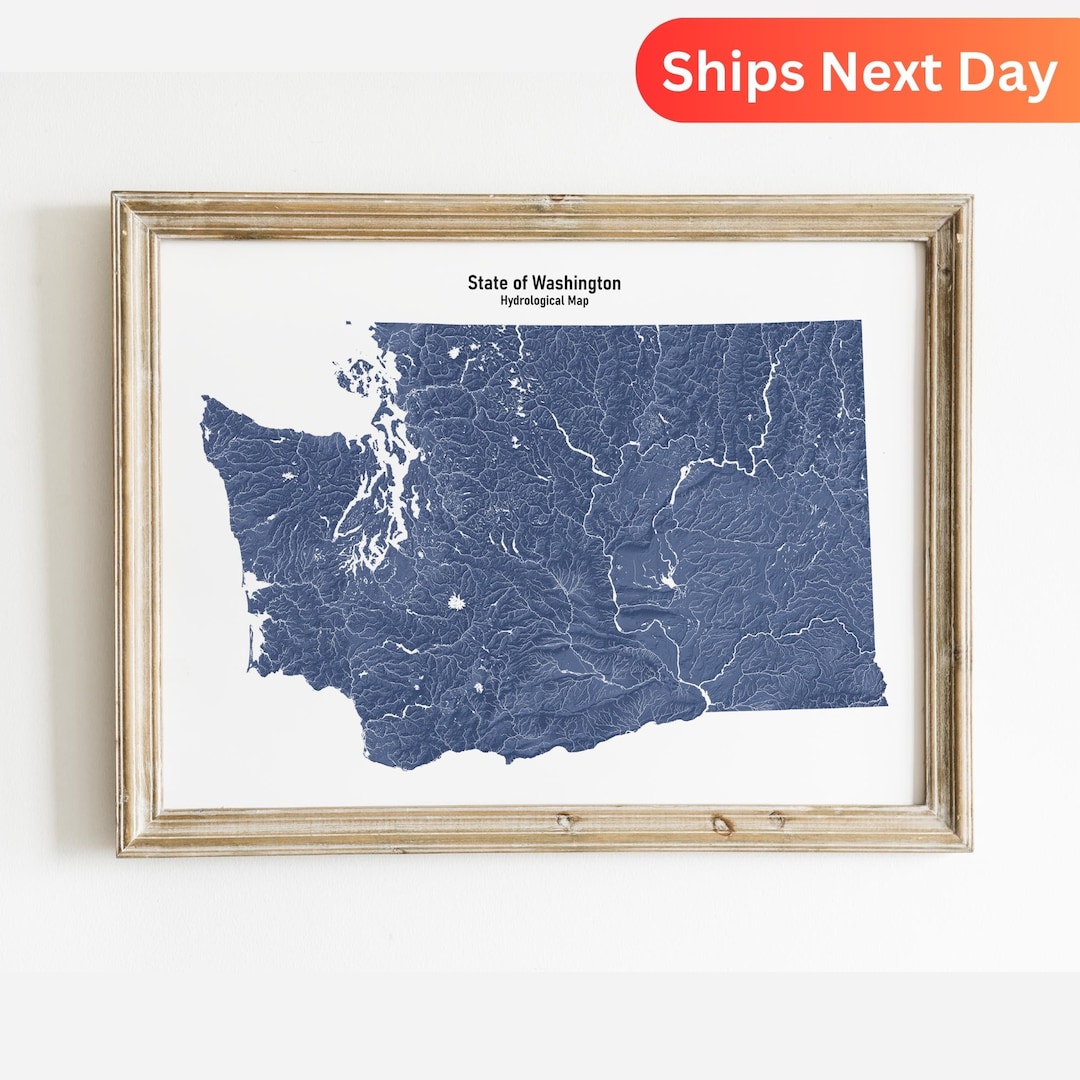 Washington Hydrology Map of Washington Rivers and Lakes Wall Art for ...