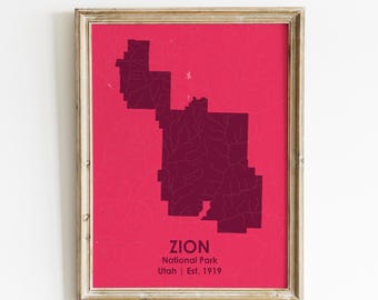 Kaart Zion National Park, reizigerscadeau, Zion NP Art Print, Utah Wall Art, moderne kaartkunst, decor National Park