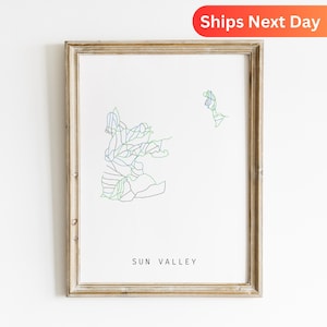 Sun Valley-skipistekaart poster, Sun Valley-ski decor, Mountain Art Print, wintersportkunst aan de muur, skiresort kaart print, skipiste kunst