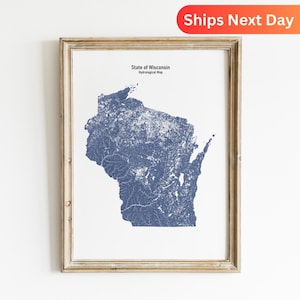 Mapa hidrológico de Wisconsin: ríos y lagos, arte mural para regalar a los amantes de la naturaleza.
