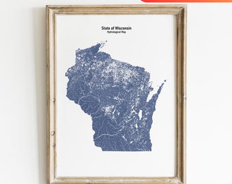 Wisconsin Hydrology Map of Wisconsin Rivers and Lakes Wall Art for Wisconsin Nature Lover Gift