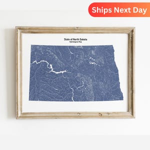 North Dakota Hydrology Map of North Dakota Rivers and Lakes Wall Art for North Dakota Nature Lover Gift