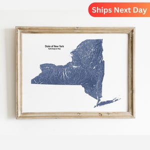 Carte hydrologique de New York des rivières et des lacs de New York, art mural pour un amoureux de la nature à New York, cadeau