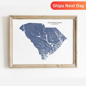 South Carolina Hydrology Map of South Carolina Rivers and Lakes Wall Art for South Carolina Nature Lover Gift
