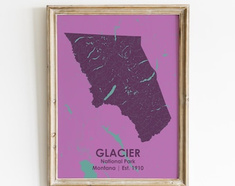 Mapa del Parque Nacional Glaciar, regalo para viajeros, lámina artística del Parque Nacional Glaciar, arte mural de Montana, arte moderno de mapas, decoración de parques nacionales