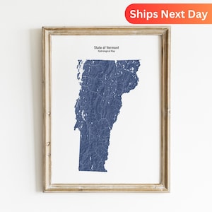 Mapa hidrológico de Vermont: arte mural de ríos y lagos para regalar a los amantes de la naturaleza.