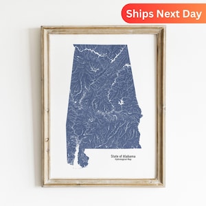 Hydrologiekaart van Alabama met rivieren en meren van Alabama Muurkunst voor natuurliefhebber Alabama cadeau