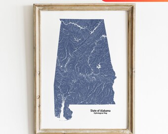 Mapa hidrológico de ríos y lagos de Alabama: arte mural para amantes de la naturaleza de Alabama