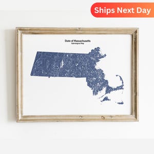 Mapa hidrológico de Massachusetts: ríos y lagos, arte mural para regalar a los amantes de la naturaleza.