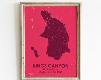 Kings Canyon Mountains National Park Map, Traveler Gift, Kings Canyon NP Art Print, California Wall Art, Modern Map Art, National Park Decor