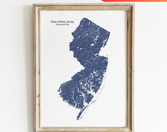 New Jersey Hydrology Map of New Jersey Rivers and Lakes Wall Art for New Jersey Nature Lover Gift
