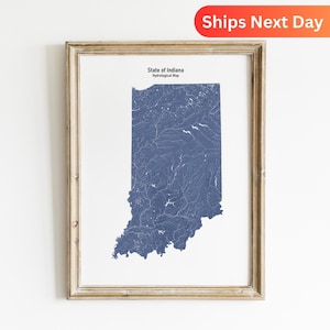 Mapa hidrológico de Indiana: arte mural de ríos y lagos para regalar a los amantes de la naturaleza.