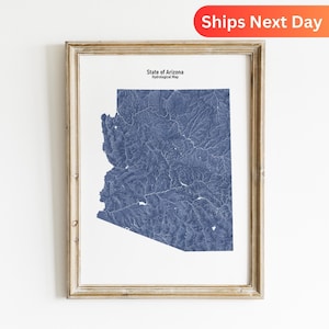 Mapa hidrológico de Arizona: arte mural de ríos y lagos para regalar a los amantes de la naturaleza.