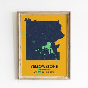 Carte du parc national de Yellowstone, cadeau de voyageur, impression d'art NP de Yellowstone, art mural du Wyoming, art de la carte moderne, déco parc national