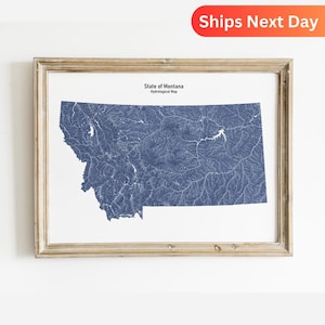 Mapa hidrológico de Montana: arte mural de ríos y lagos para regalar a los amantes de la naturaleza.
