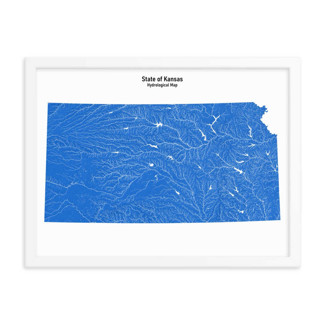 Kansas Lake Rivers Map Hydrology Map Kansas Wall Art Map Art Print Rivers and Lakes Art ...