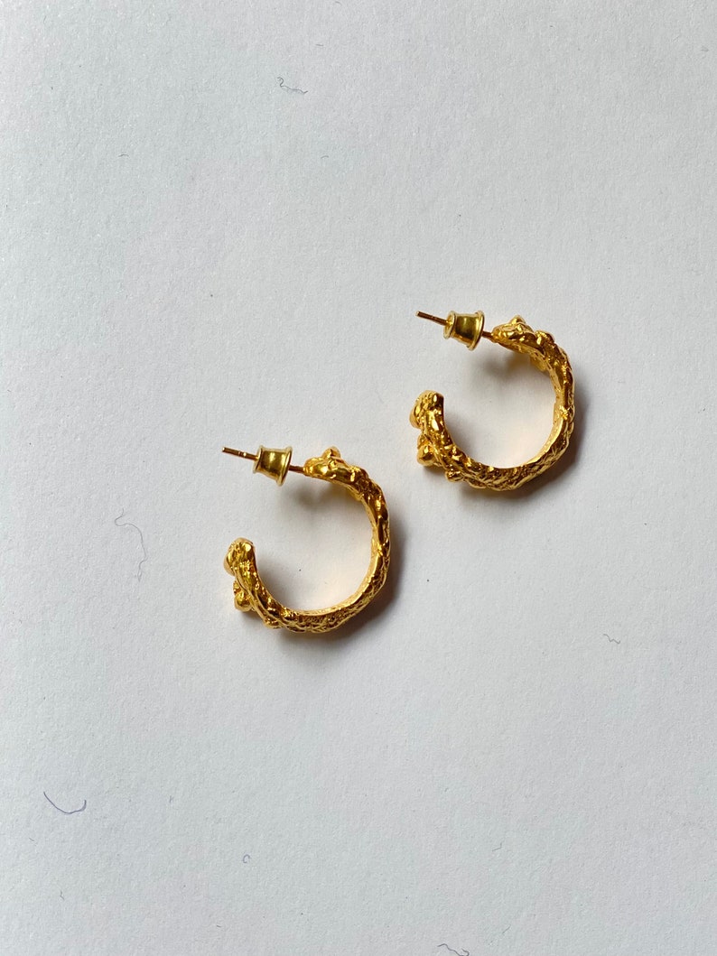 Textured hoop earrings 24 CARAT Gold plated silver mini hoops Vintage solid 24k gold modern hoop earrings Jewellery gift for her image 4