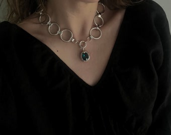 Glamorous Elegance Handcrafted Silver Statement Chain Necklace with Adjustable Swarovski Pendant