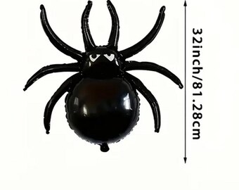 May include: A black spider-shaped balloon, 32 inches in height, with eight curved legs and white eye accents. The balloon is inflated and ready for a Halloween or themed party.