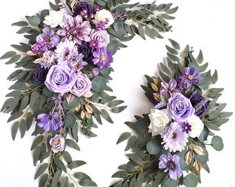 1 set Arco di nozze Fiore Swag Composizione di archi di fiori lilla e bianchi Sfondo di nozze Decorazione di arco di fiori ad angolo