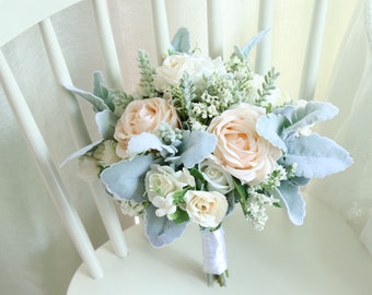 Champagne and White Rose Babysbreath Wedding Bouquet with Lamb's Ear Leaves Sage Green Boho Wedding Flower Bouquet Set