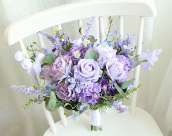 Purple and Blue Bouquet/ Lavender Wild Flowers Rose Hydrangea/ Lilac Wedding Bouquet / Eucalyptus Leaves