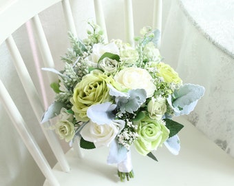 Green and White Babysbreath Wedding Bouquet with Lamb's Ear Leaves Sage Green Boho Wedding Flower Bouquet Set