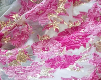 Bright Pink Floral Jacquard Fabric, Organza Pink and Gold Emboss Fabric For Haute Couture, Dress  DIY fabric 57 inches width