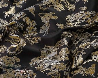 Black and Gold Brocade Fabric, Chinese Dragon and Tiger Brocade Jacquard, Damask For Dress, Haute Couture DIY fabric 63 inches width