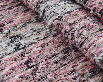 Colorblock Pink Tweed Fabric, Wool Tweed Boucle Fabric For Suit Coat, Dress, Jacket, Haute Couture 59 inches Width