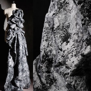 Black and Gray Jacquard Fabric, Emboss Rock Textured Brocade Damask, Designer Fabric For Clothing, Dress DIY fabric 63 inches width