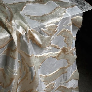 Cream Gold Jacquard Fabric, Shimmer Organza Brocade Tulle, Damask Fabric For Haute Couture, Dress, DIY Fabric 57&quot; Width