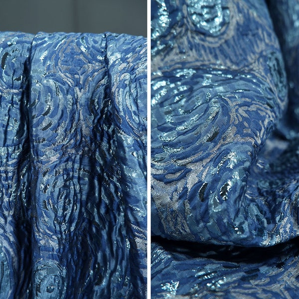 Sprankelende koningsblauwe jacquardstof, brokaat reliëfpatroon, gepelde damaststof voor stoffering, jurk DIY-stof 55 inch breed