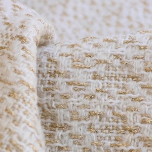 Elegant Wool Tweed Fabric, Gold White Tweed Boucle Fabric For Suit Coat, Dress,Jacket, Haute Couture 57 inches Width, 1.87mm Thickness